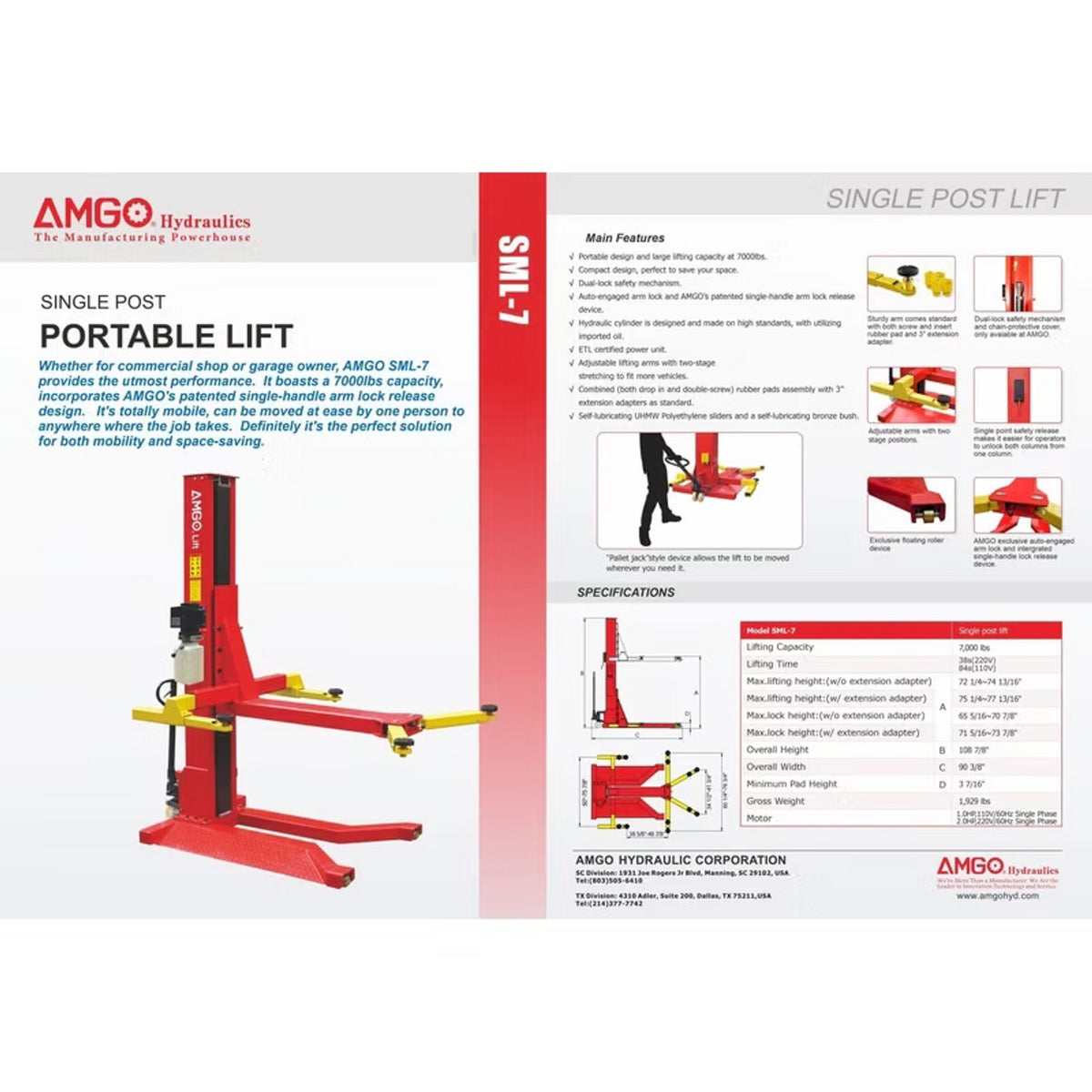 AMGO SML-7 Single Post Lift – 7,000 lb Single Post Portable Car Lift