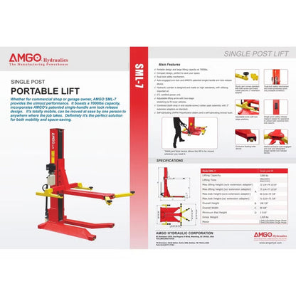 AMGO SML-7 Single Post Lift – 7,000 lb Single Post Portable Car Lift