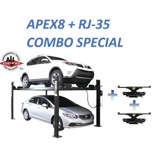 Atlas Equipment ALI Certified APEX 8 4 Post Lift + (2) RJ35 Sliding Jacks Combo