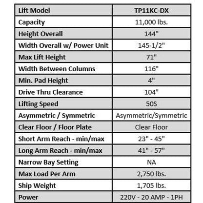Tuxedo TP11KC-DX 11,000 lb Two Post Clear Floor --Direct Drive -...
