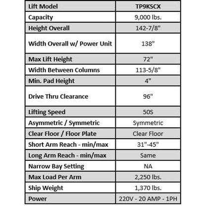 Tuxedo TP9KSCX 9,000 lb Two Post Clear Floor - Symmetric