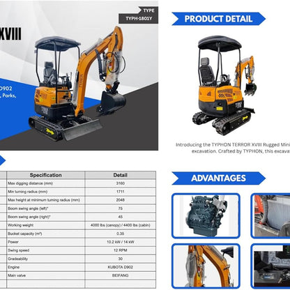 4,000 lbs Terror XVIII Mini Excavator, EPA Certified KUBOTA D902 Diesel Machine