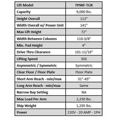 Tuxedo TP9KF-TUX 9,000 lb Two Post Floor Plate - Symmetric