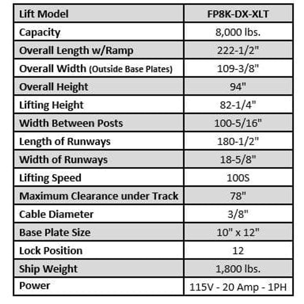 Tuxedo FP8K-DX-XLT 8,000 lb Deluxe Storage Lift Extended Length / Height -...