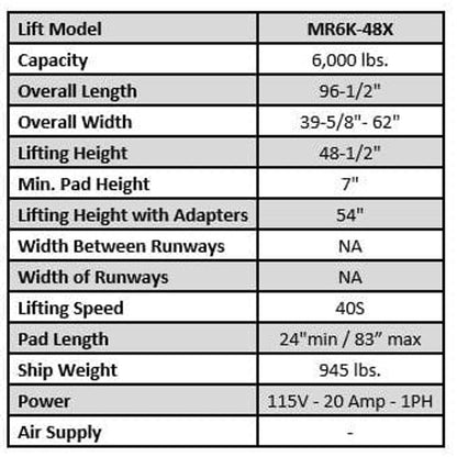 Tuxedo MR6K-48X 6,000 lb Mid-Rise Scissor Lift