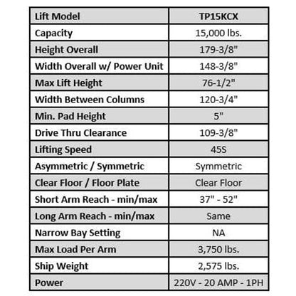 Tuxedo TP15KCX 15,000 lb Heavy Duty Two Post Lift