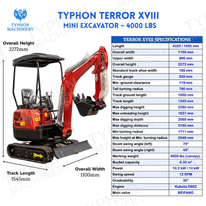 2025 Typhon Terror XVIII Rugged Mini Excavator 4000 lb Kubota D902