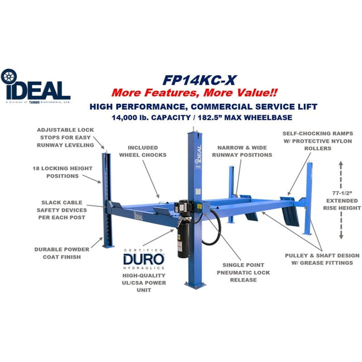 iDEAL FP14KC-X 14,000 lb. 4 Post Service Lift 182.5" WB (Closed Front )