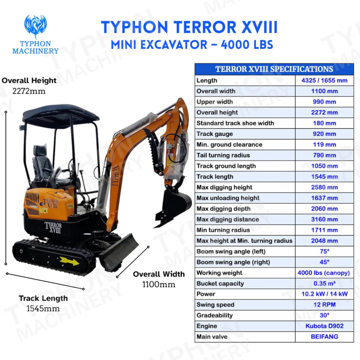 4,000 lbs Terror XVIII Mini Excavator, EPA Certified KUBOTA D902 Diesel Machine