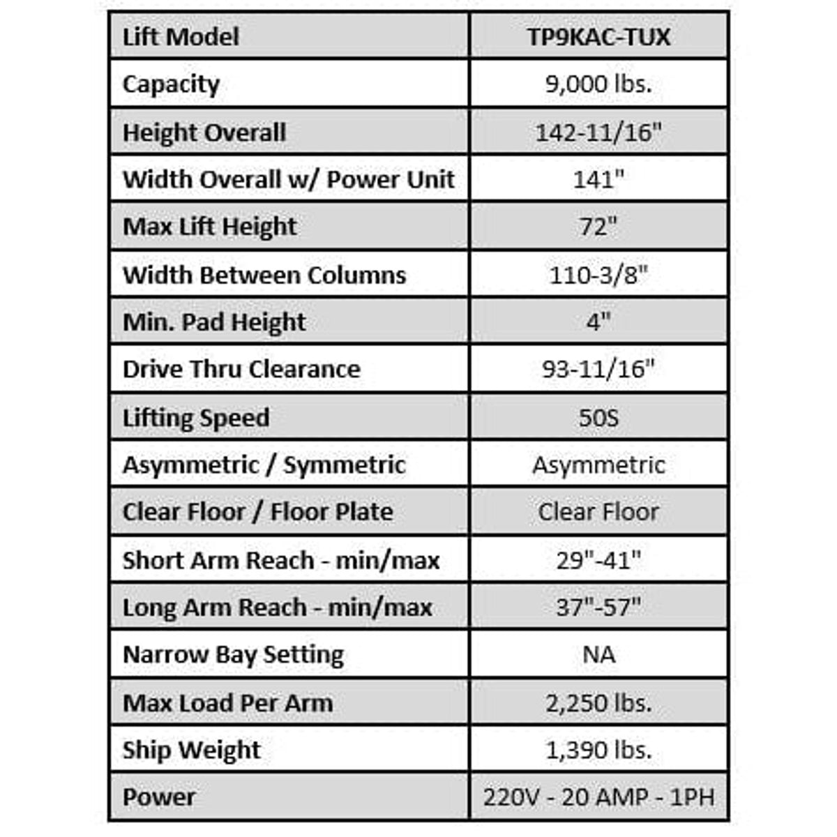 Tuxedo TP9KAC-TUX 9,000 lb Two Post Clear Floor - Asymmetric