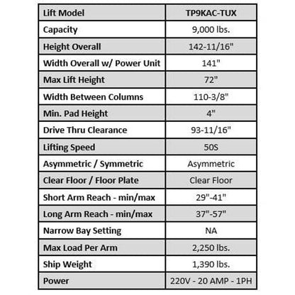 Tuxedo TP9KAC-TUX 9,000 lb Two Post Clear Floor - Asymmetric