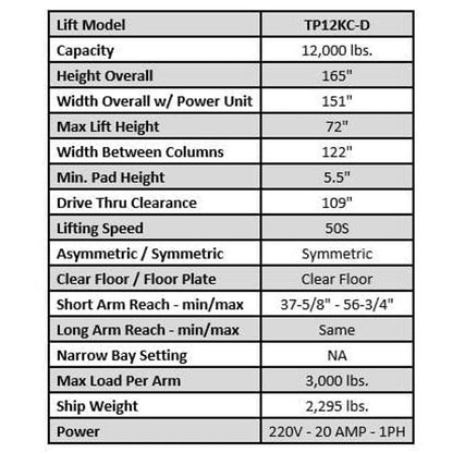 Tuxedo TP12KC-D 12,000 lb Two Post Lift -- Direct Drive